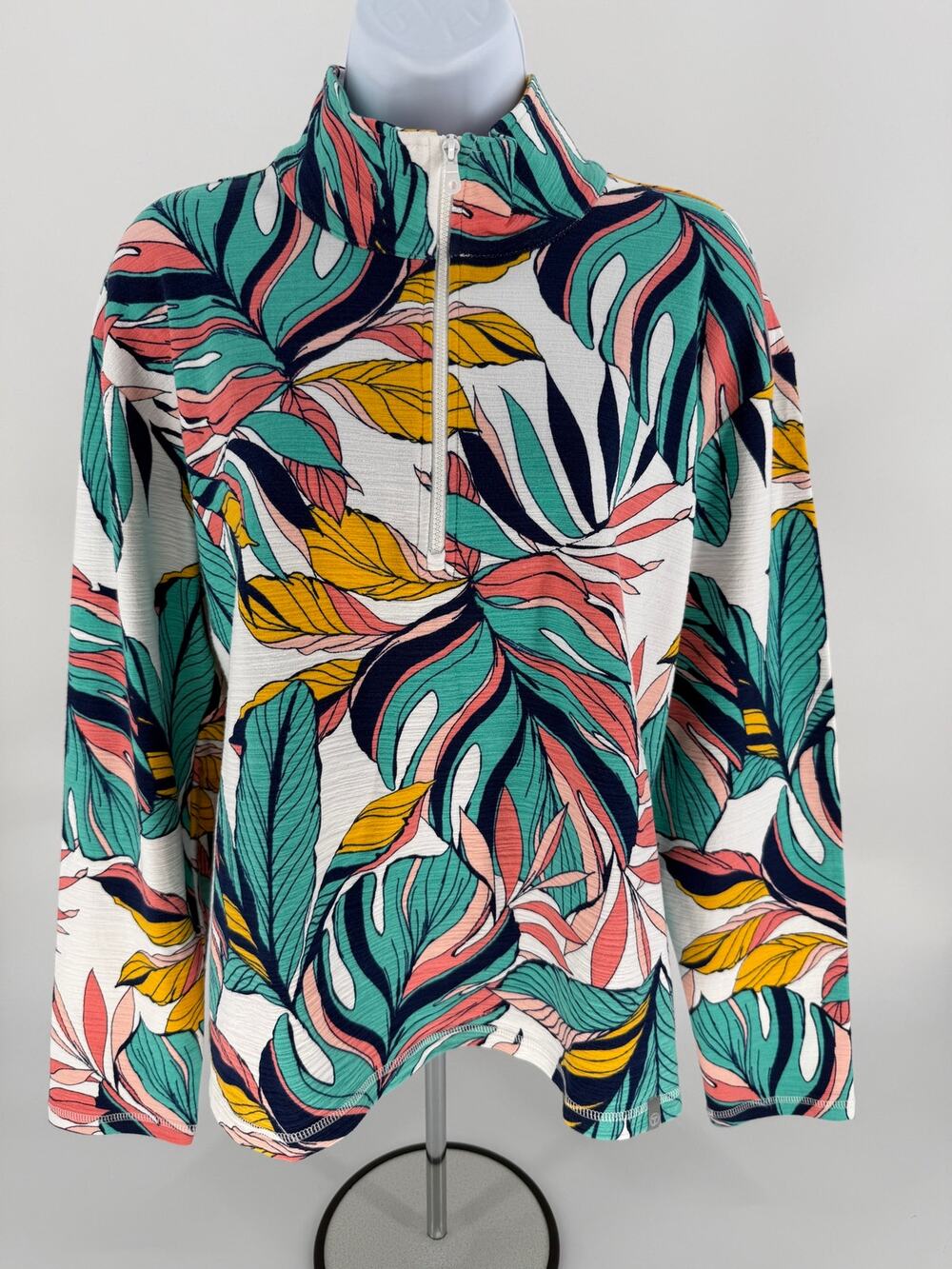 T by Talbots Womens M Tropical Floral Quarter Zip Pullover UPF 50 Coastal